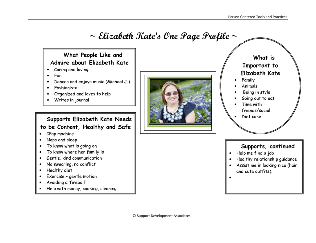 Completed one page profile which shares what people like about Elizabeth Kate, what is important to her, supports she has and needs to be content, healthy, and safe.