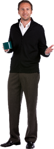 Man in dark trousers and a black sweater is holding a coffee cup with his other hand extended in greeting