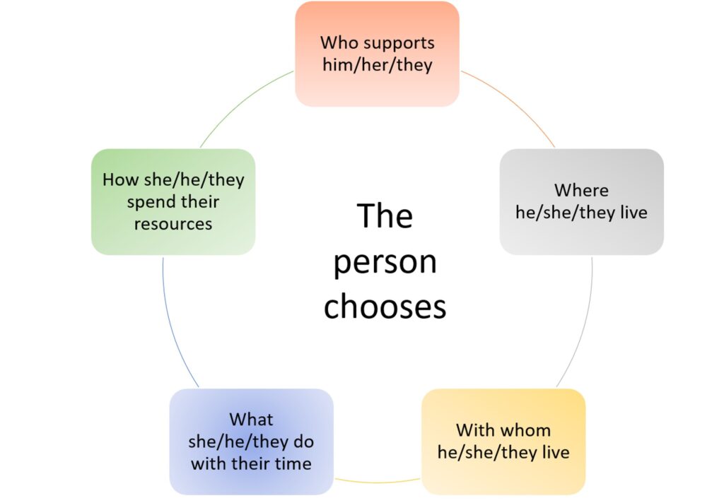 Statement "the person chooses" in middle of a circle with the phrases "who supports", "where they live" "with whom they live", What they do with their time", and "how they spend their resources.