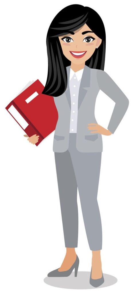 Illustration of Jody. A female character wearing a grey suit and holding a book.