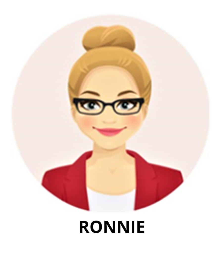 Illustration of a woman with blonde hair in a bun wearing a read jack and black glasses