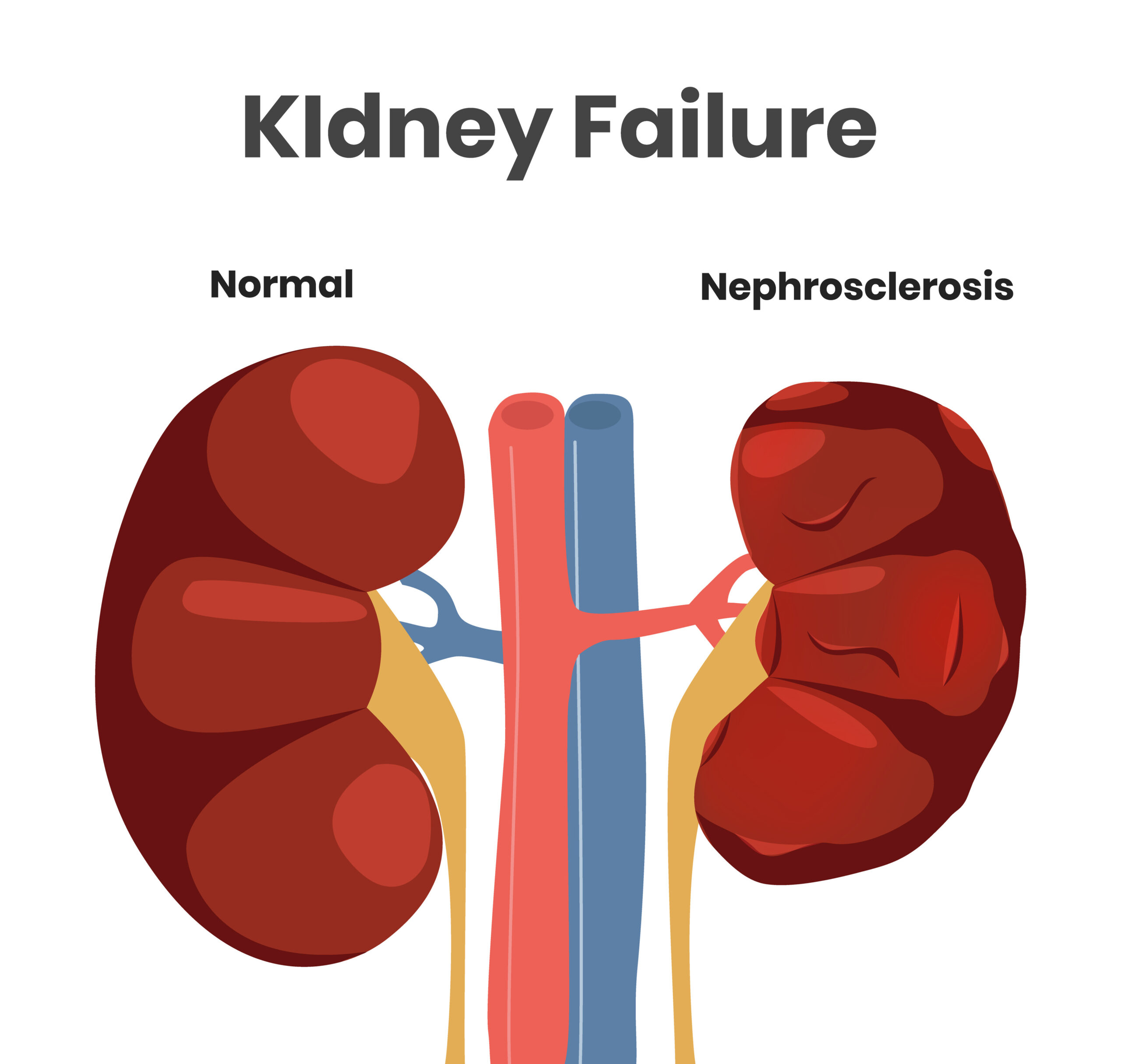 Diagram showing a normal kidney versus a kidney with nephroschlerosis. 