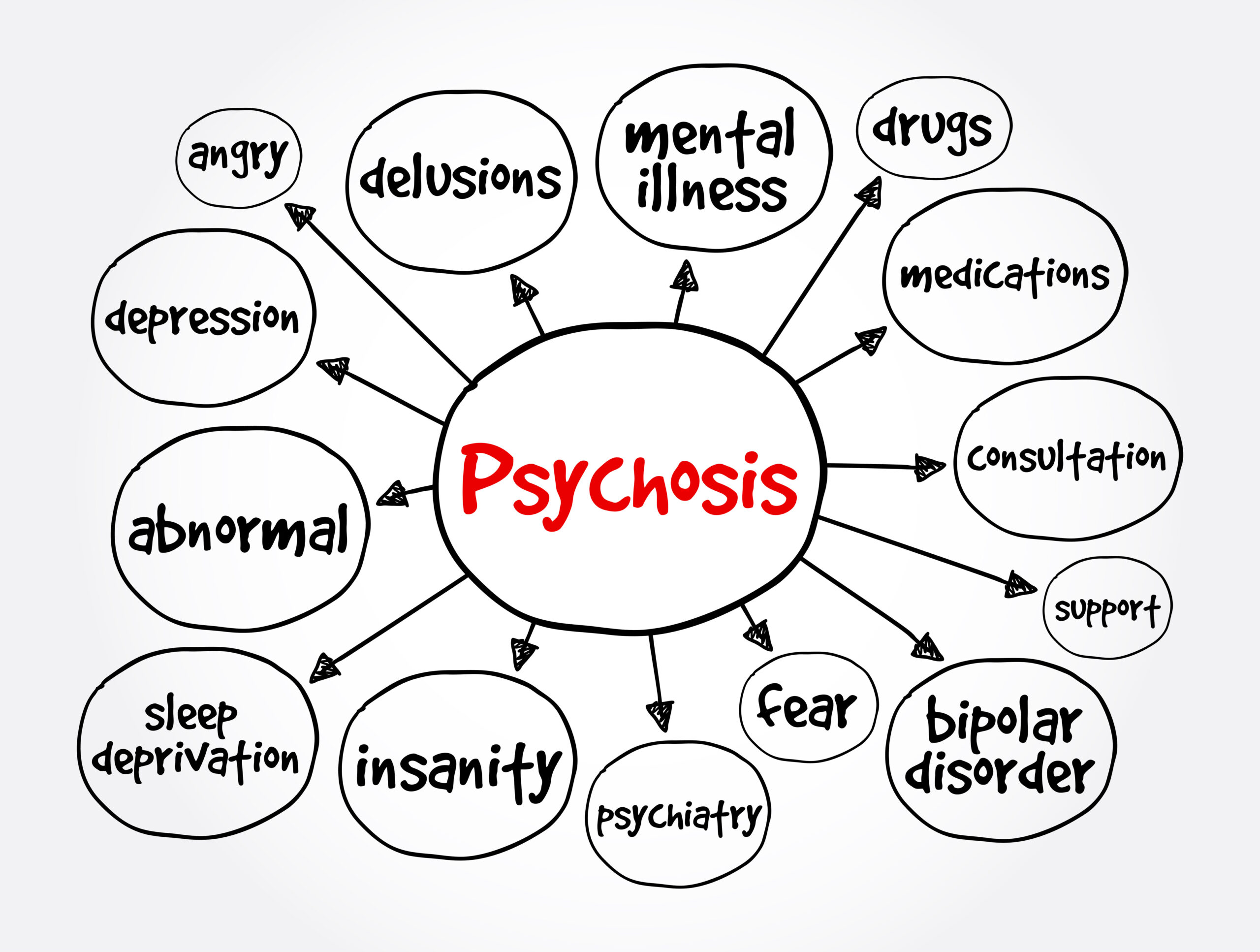 Diagram with psychosis in the middle and symptoms as offshoots. 