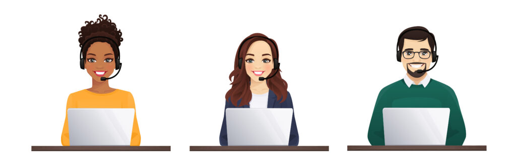 Women and men in headphones with laptop. Customer support operator team 