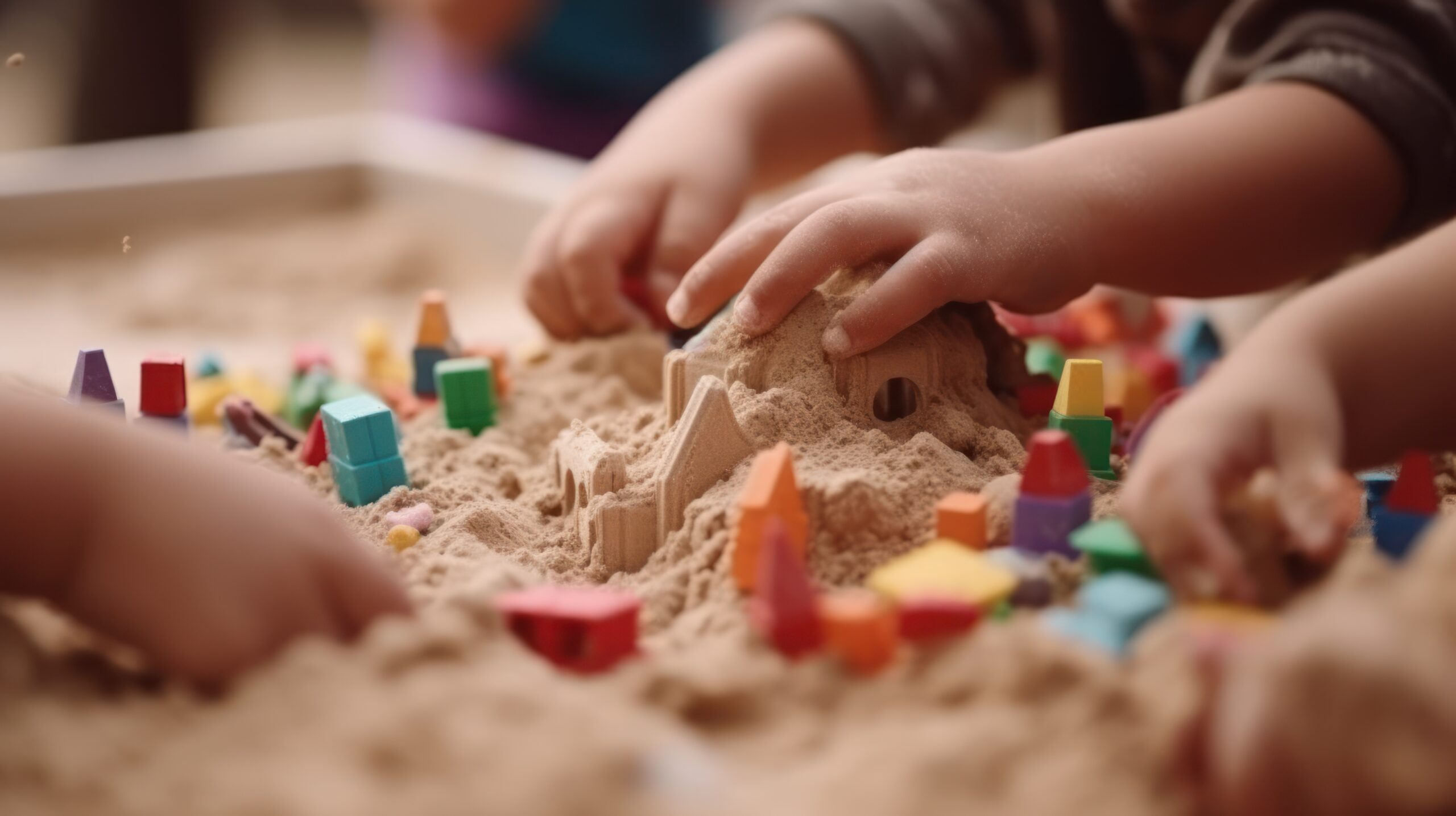 Close up of three children playing with small 3D shapes in sand.