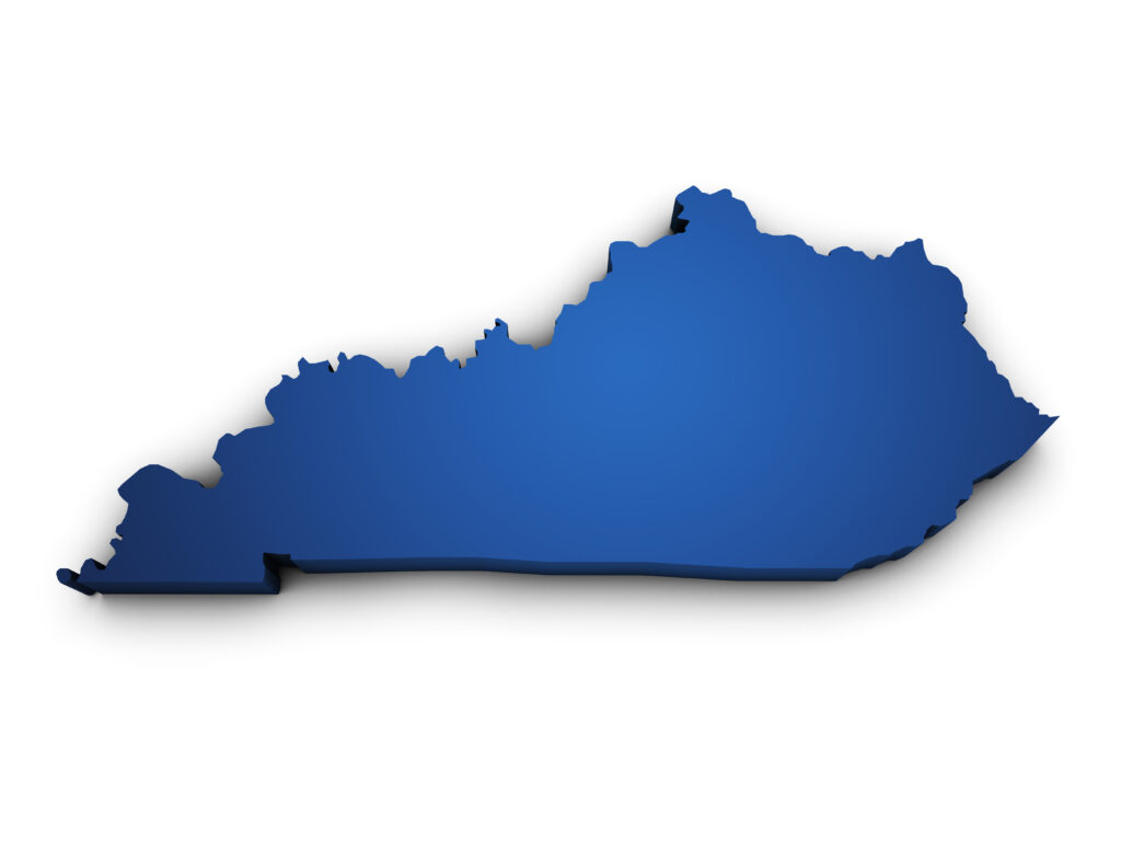 Shape 3d of Kentucky State map colored in blue and isolated on white background.
