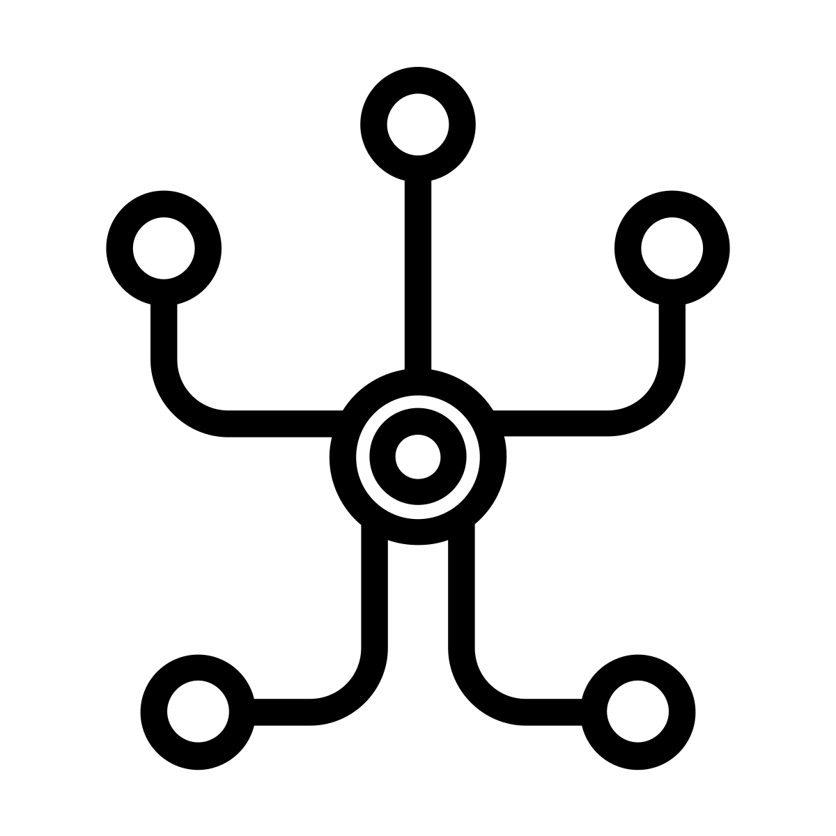 An icon representing a system, with a large two layer dot in the center, and multiple single dots connected outside.