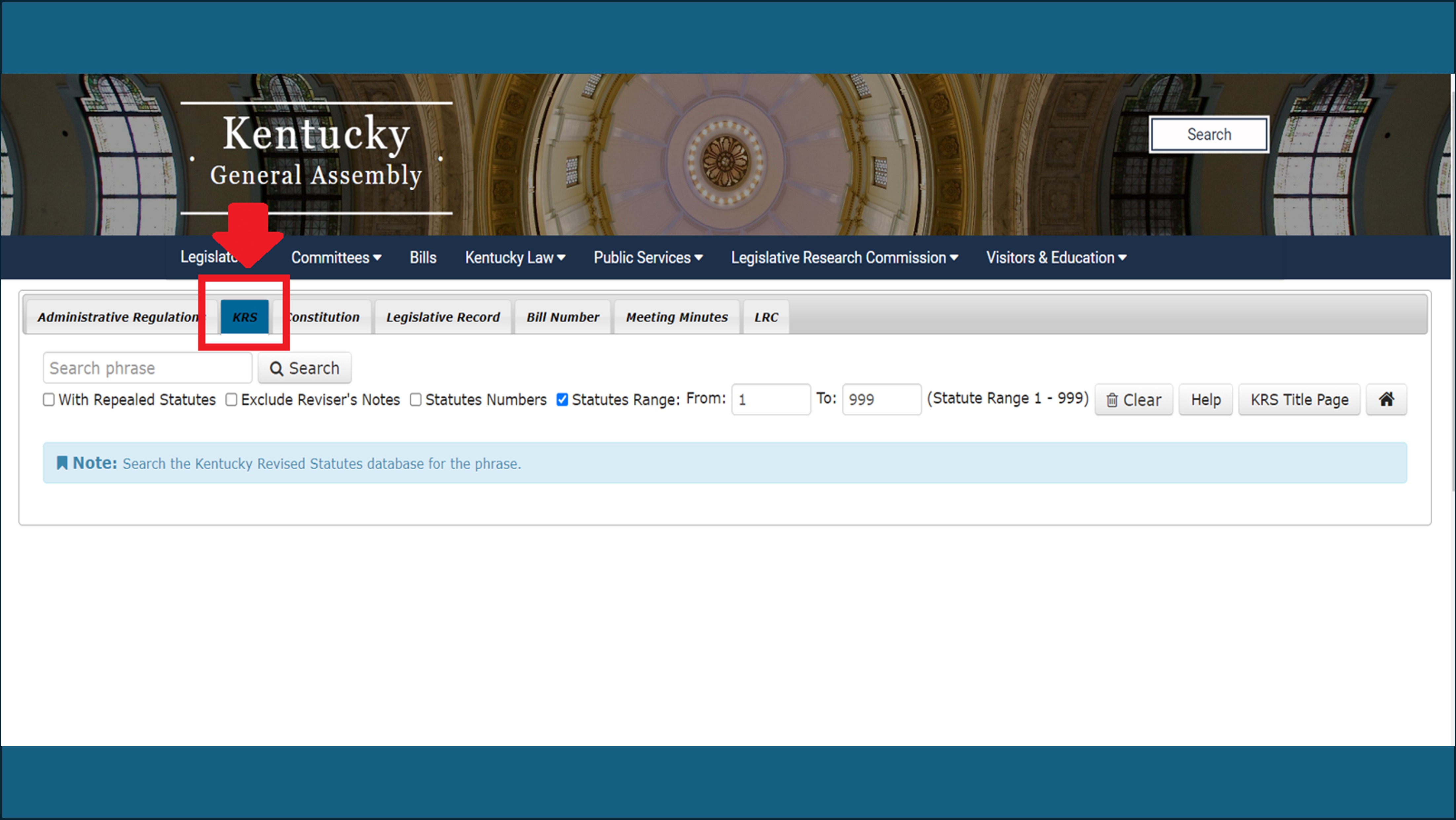 Screen shot with arrow pointing to KRS tab