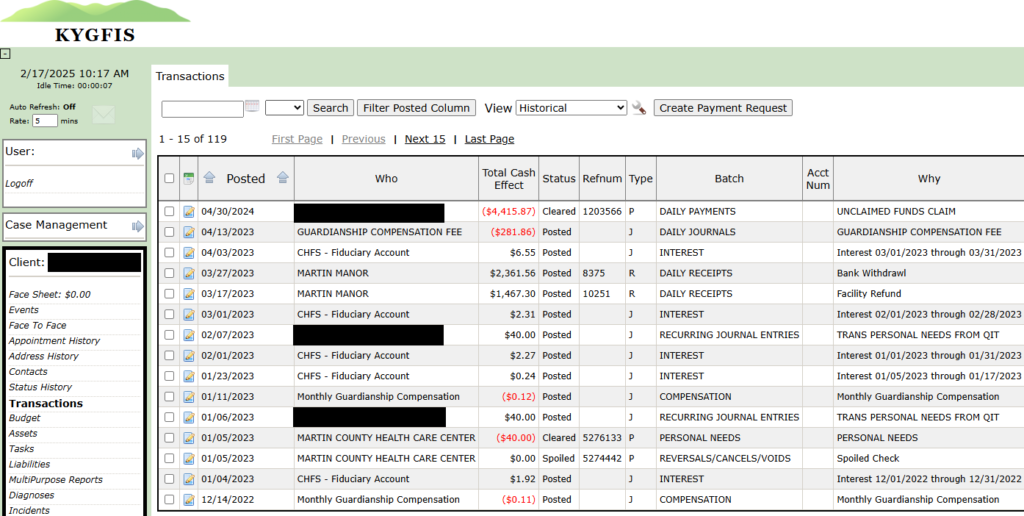 Screenshot of the transactions tab in KYGFIS.