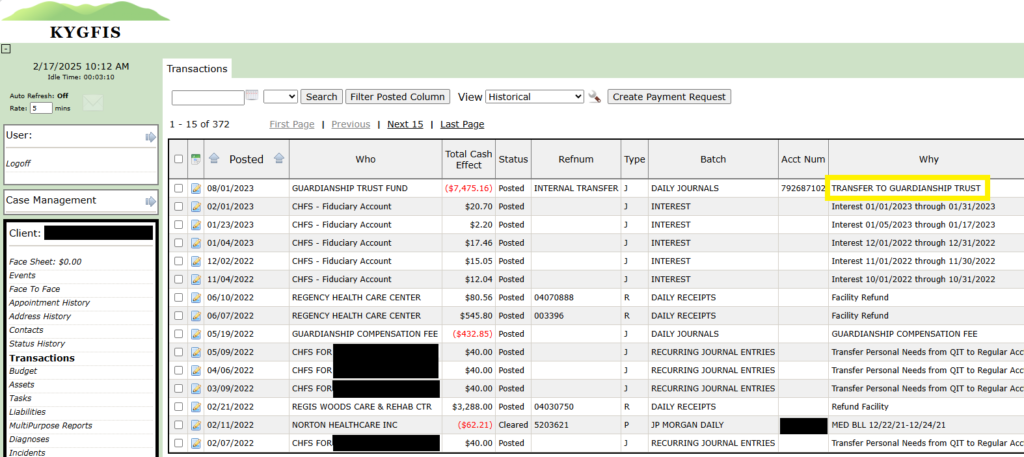 Screenshot of the transactions tab in KYGFIS