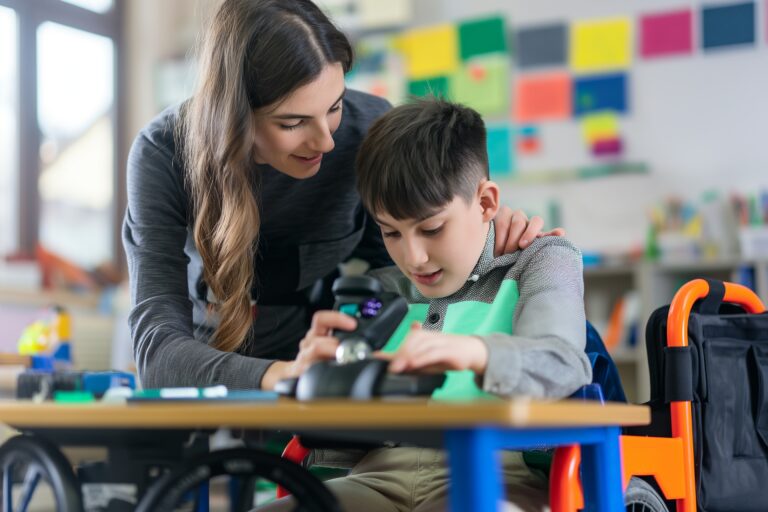 A teacher leans over a student using an AAC device in the classroom.