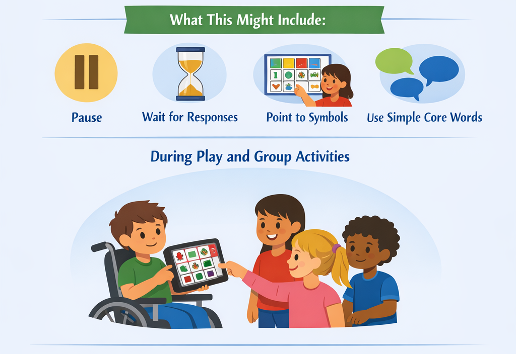 A graphic of a boy in a wheelchair with a tablet and other children pointing at the tablet. 