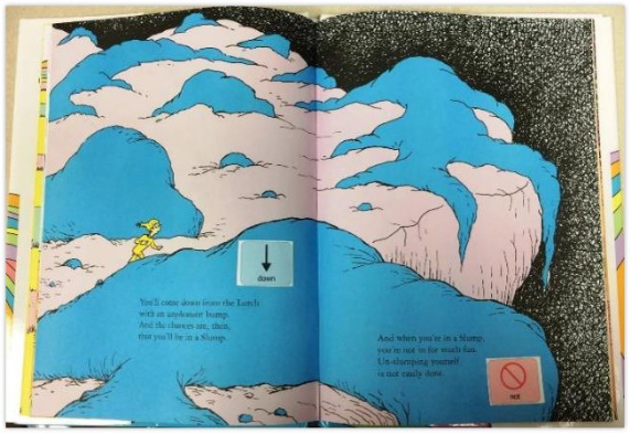 a book with the core word down and an arrow on the page of a book.